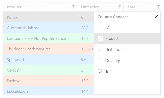 UWP Data Grid - Column Chooser | DevExpress