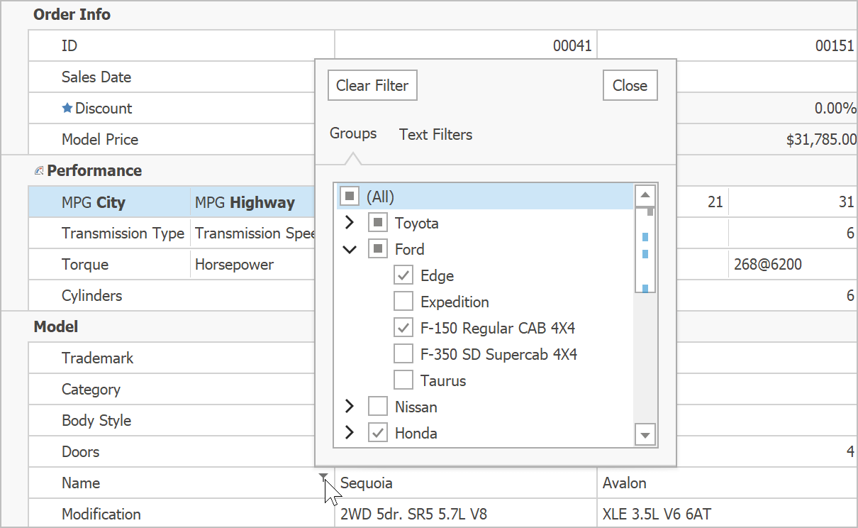 Excel-inspired Group Filters - WinForms VerticalGrid, DevExpress