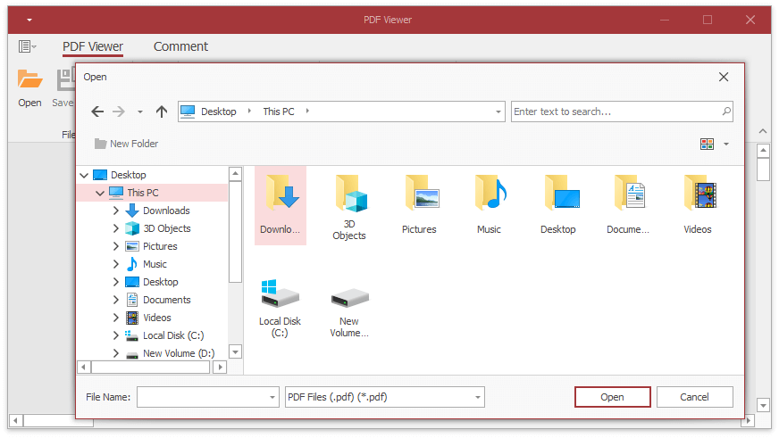 WinForms PDF Viewer - Skinned Save/Open File Dialogs, DevExpress