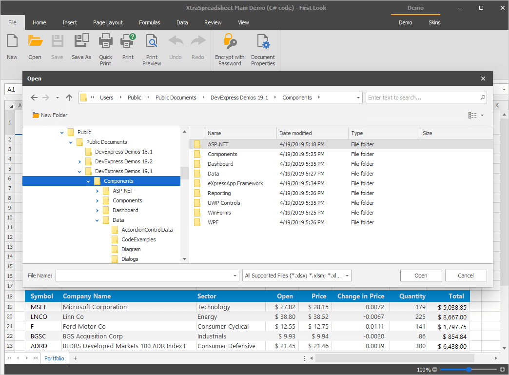 WinForms Spreadsheet - Skinned Open/Save Dialogs