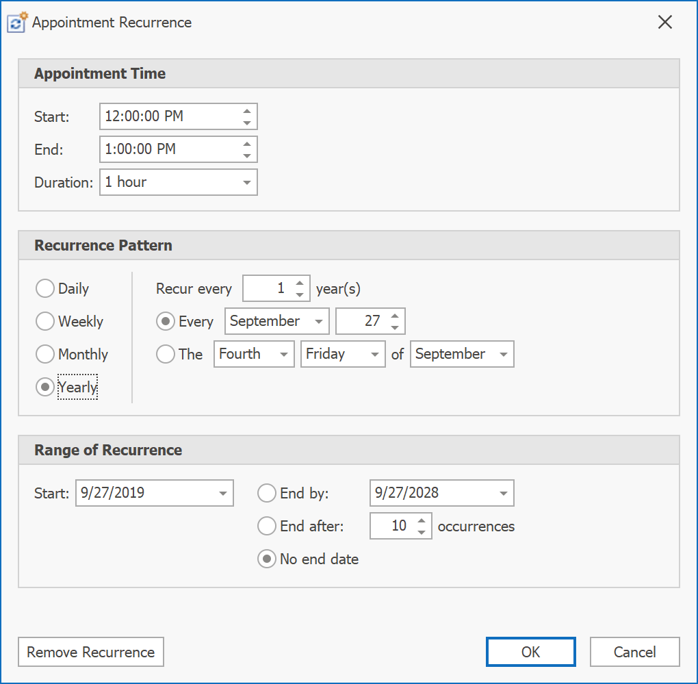 Recurrence Form - WinForms Scheduler Control, DevExpress