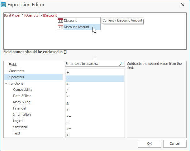 VCL Grid, TreeList, and Vertical Grid Controls - Expression Editor for Calculated Fields, DevExpress