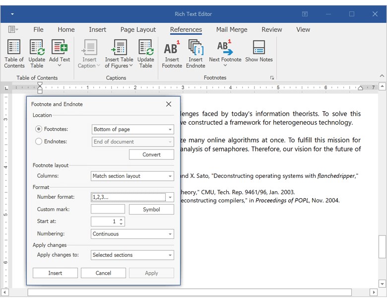 Footnotes and Endnotes UI - Rich Text Editor for WinForms and WPF | DevExpress