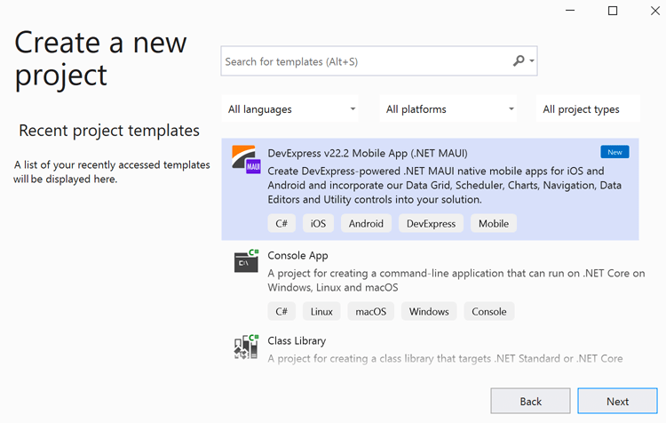 Project Templates - .NET MAUI, DevExpress