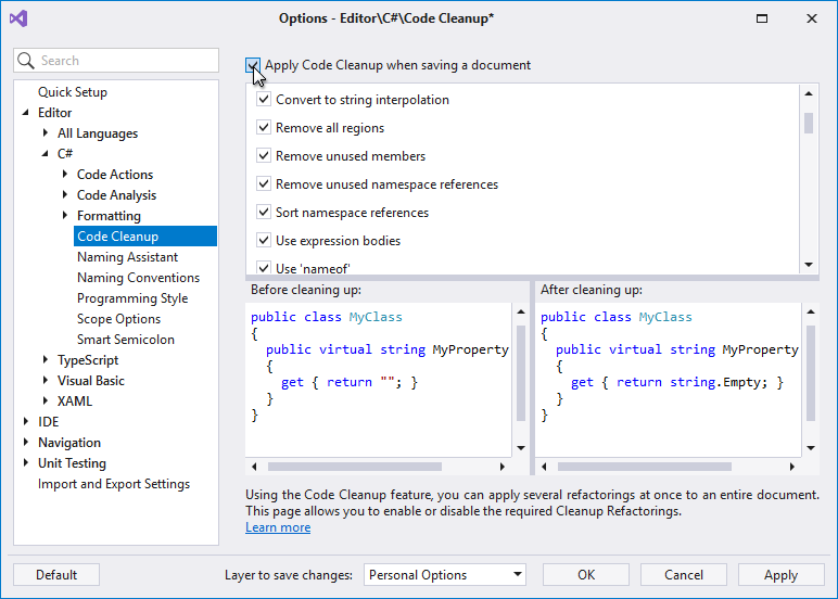 Code Cleanup - Apply Code Cleanup when saving a document option, CodeRush | DevExpress