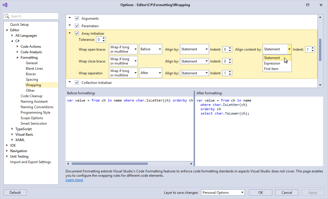 Formatting Options Indentation - DevExpress | CodeRush