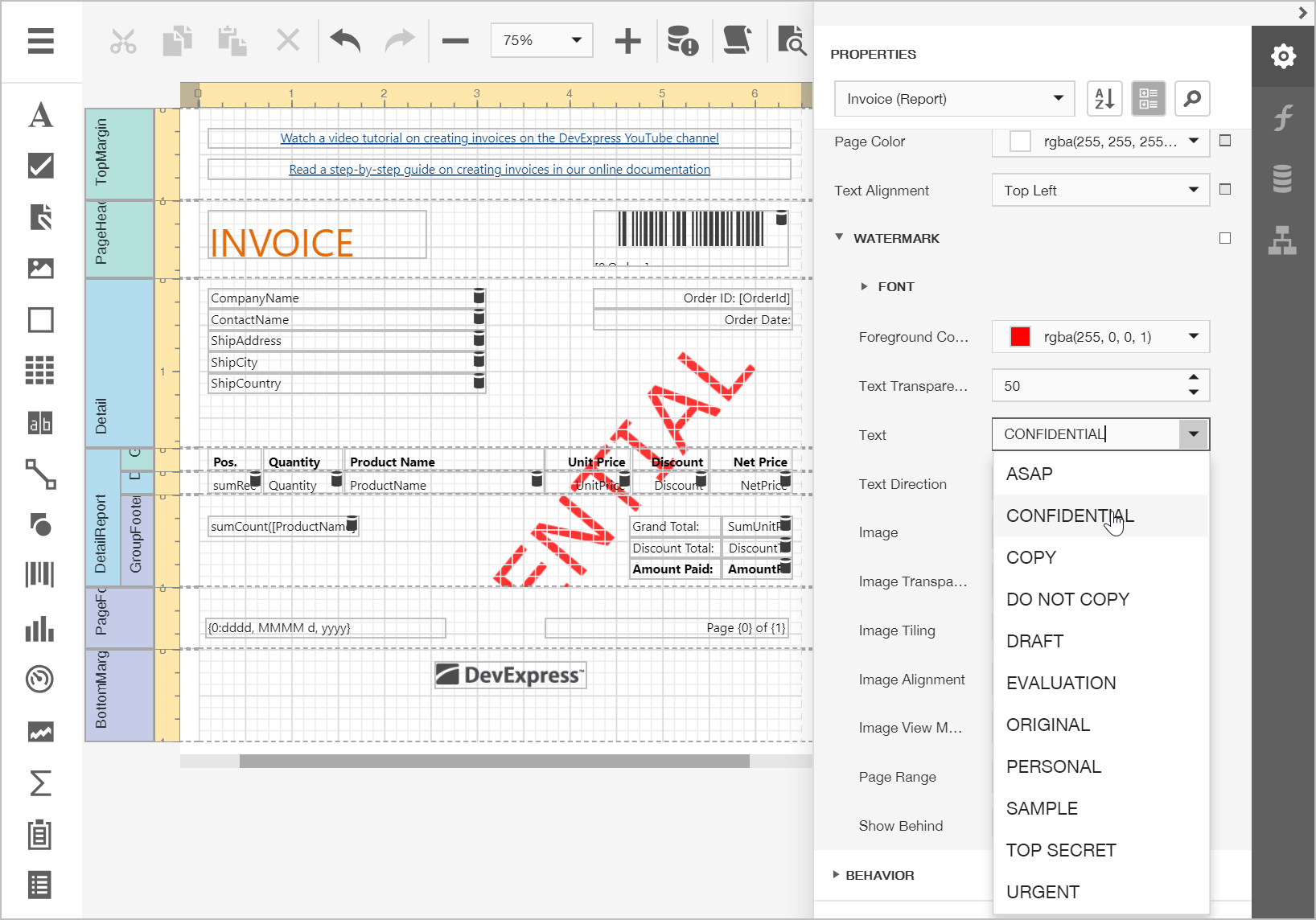 Web Report Designer - Watermarks, DevExpress