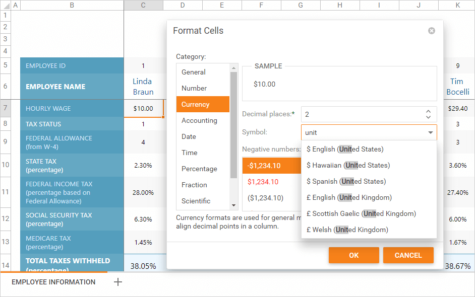 Culture-Specific Format - ASP.NET Web Forms and MVC Spreadsheet, DevExpress