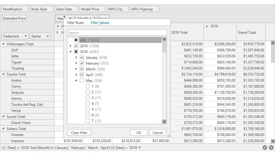 Excel-inspired Field Filter Popup - WPF Pivot Grid, DevExpress