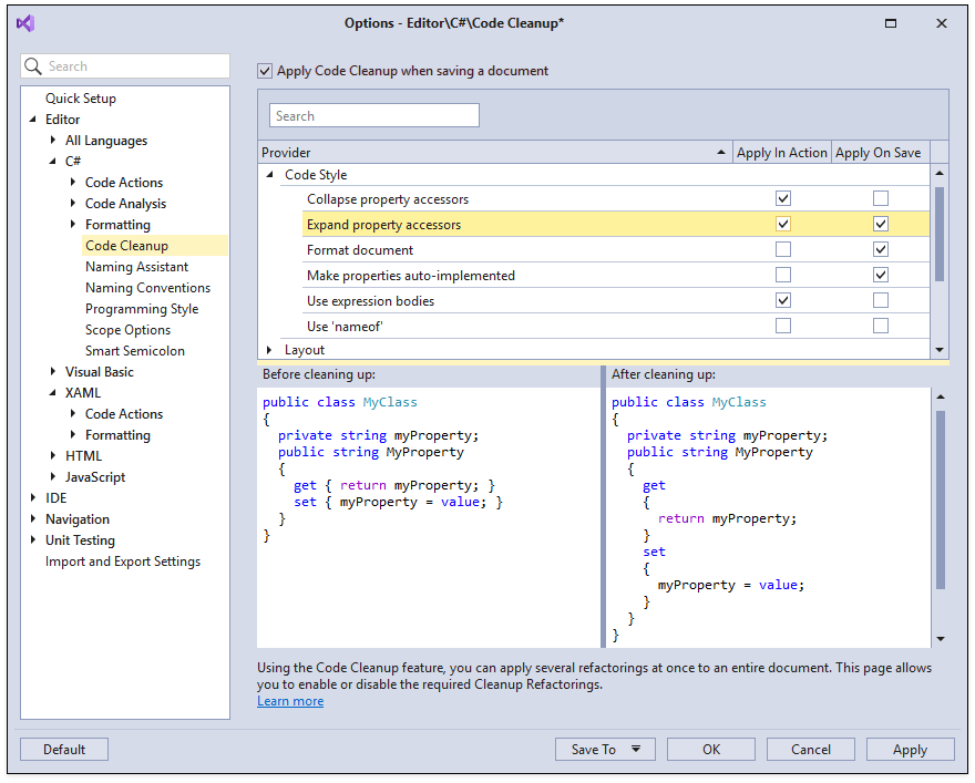 Improved Code Cleanup Options Page - CodeRush, DevExpress