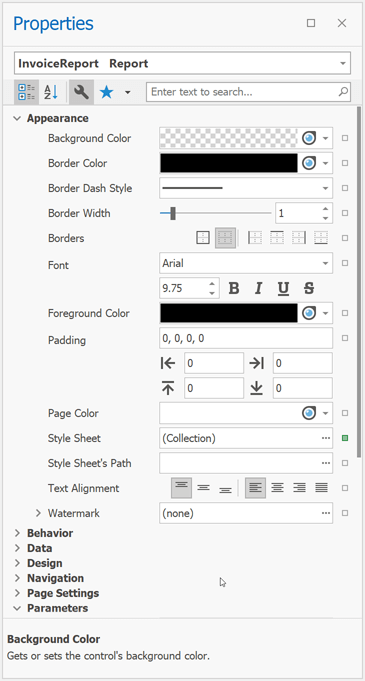 End-User Report Designer - Properties Panel Non-Tabbed View, .NET Reporting | DevExpress