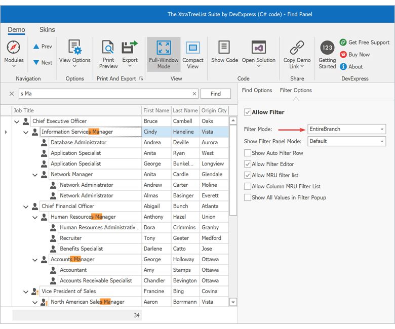 EntireBranch Filter Mode - WinForms TreeList, DevExpress