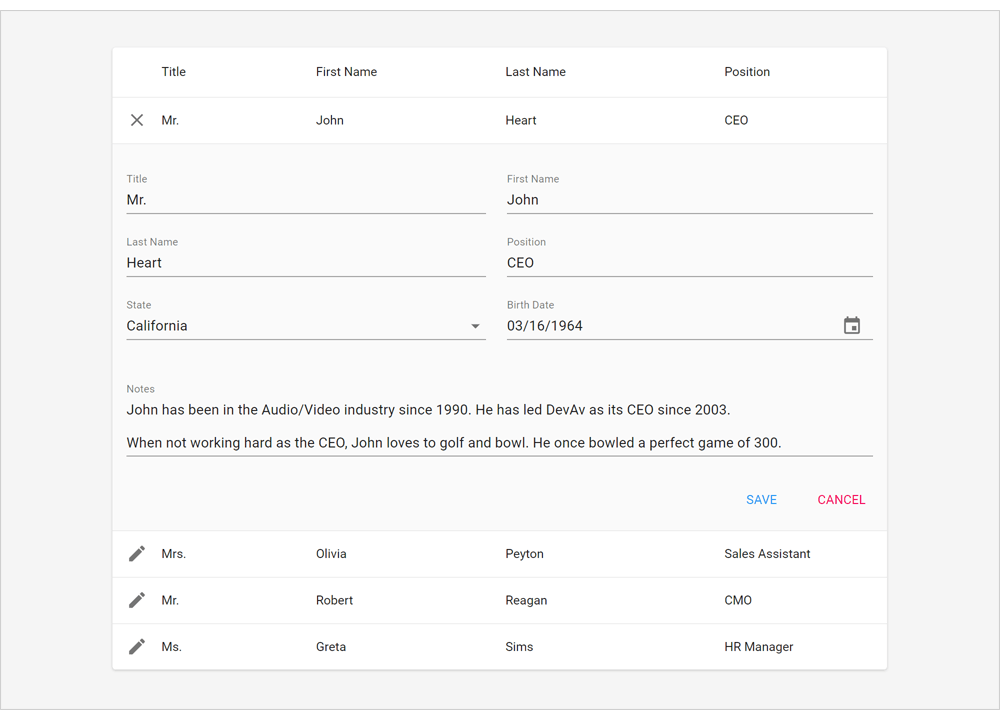 Inline Edit Form - Editing in Detail Row - Native React Grid | DevExtreme