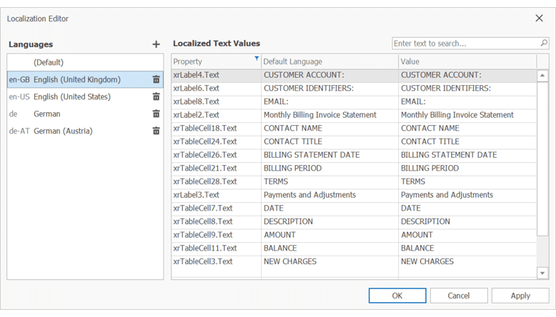 Localization Editor - Culture Codes | DevExpress .NET Reporting