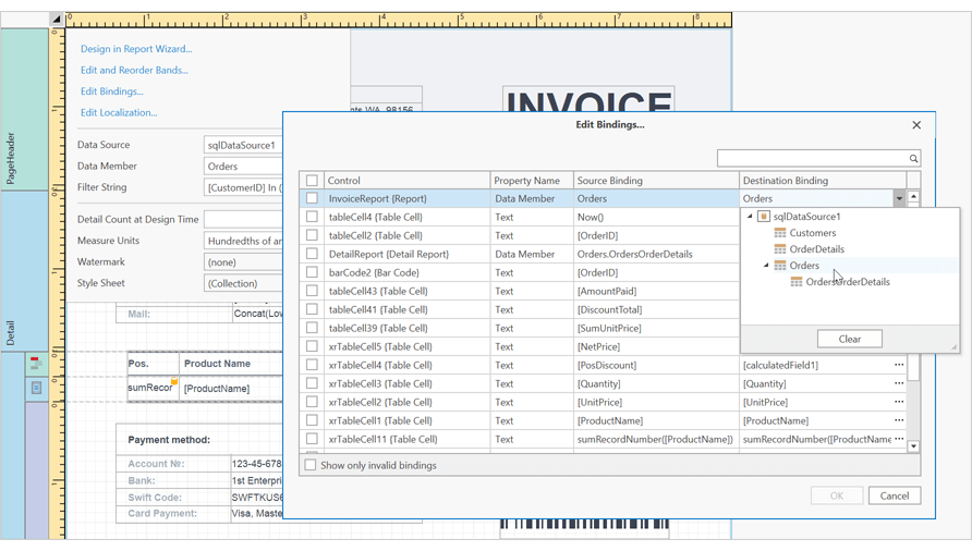 WPF Report Designer - Edit Bindings Dialog | DevExpress .NET Reporting