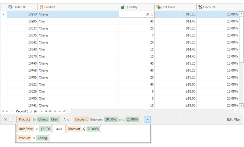 Filter Panel - MRU Filters, WinForms Data Grid | DevExpress