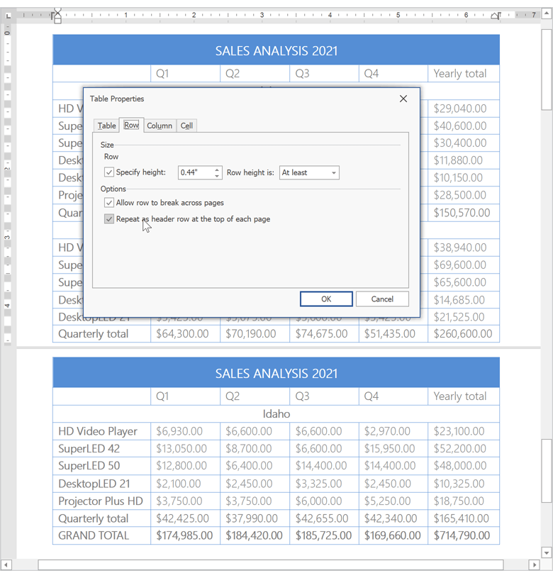 Repeat Row as Header - Rich Text Editor | DevExpress