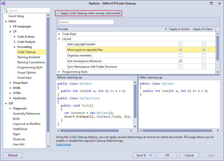 Move All Types to Files Options - CodeRush | DevExpress