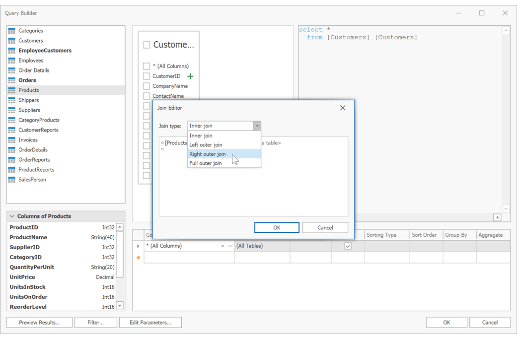 Query Builder - New Join Types | DevExpress Reporting