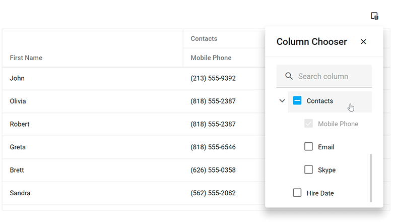 Column Chooser Customization in Data Grid - DevExtreme, DevExpress