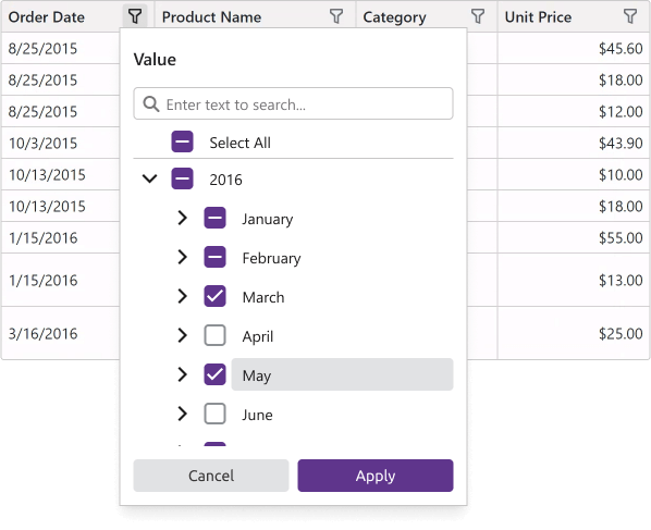 Hierarchical Filter Menu - Blazor Grid, DevExpress