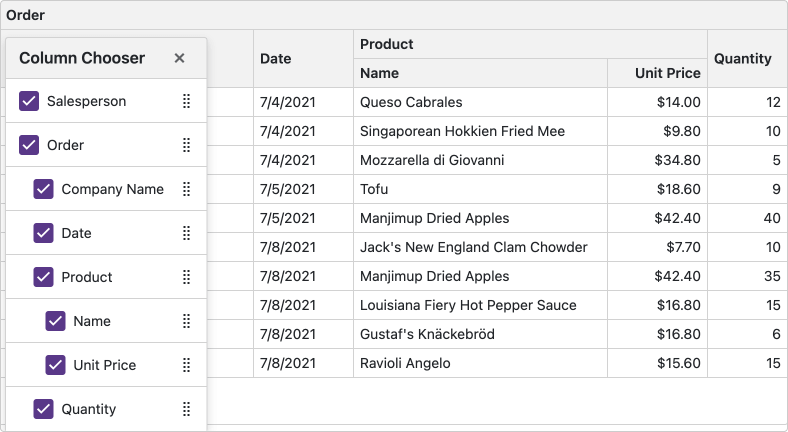 Column Chooser and Header Bands - Blazor Grid, DevExpress