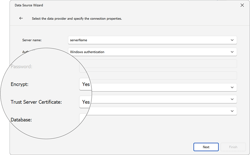 SqlDataSource Wizard — Trust Level Certificate and Encryption Options